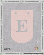 A taped needlepoint canvas with the design: Banner 18 mesh count Curved E White on Pink.