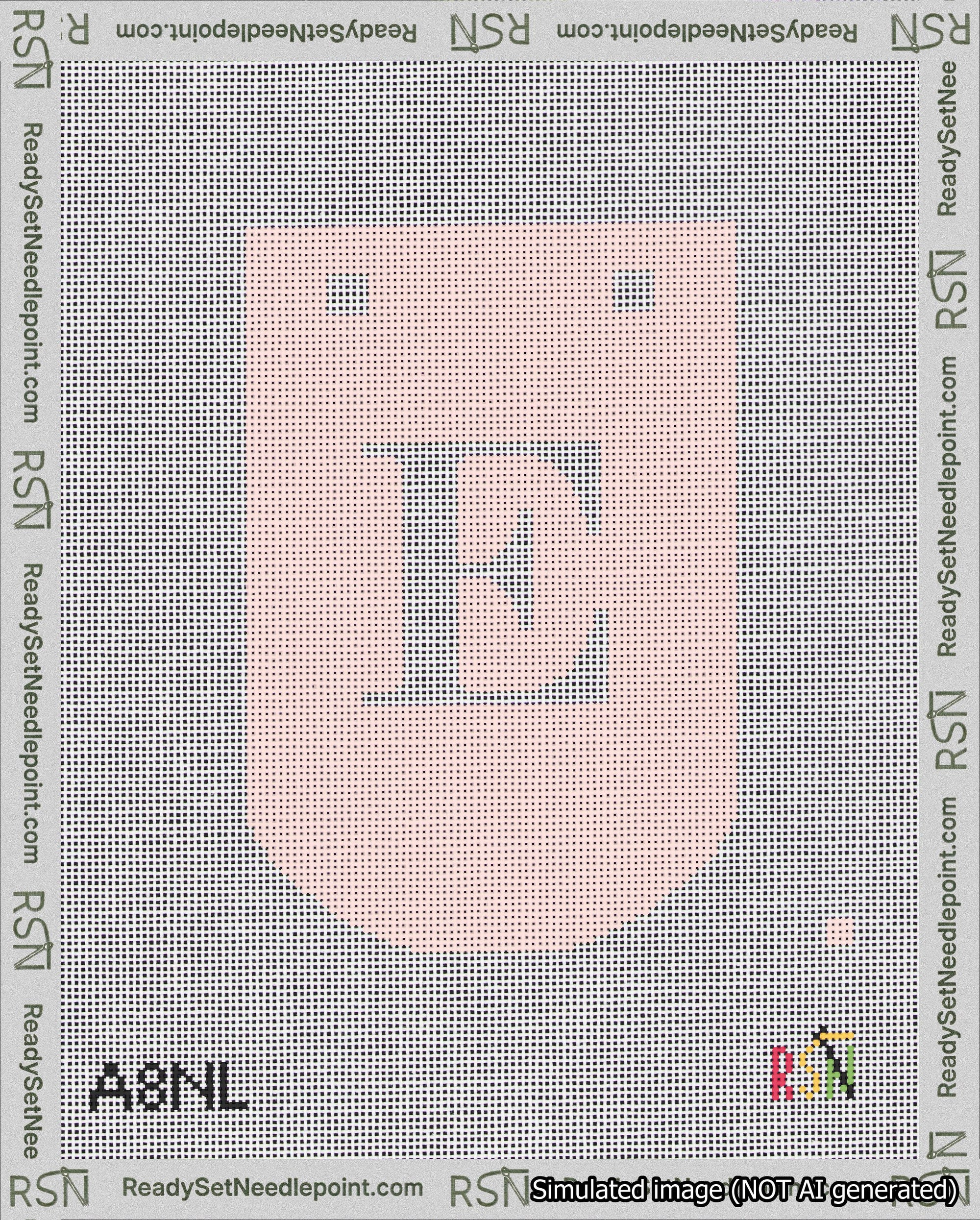 A taped needlepoint canvas with the design: Banner 18 mesh count Curved E White on Pink.