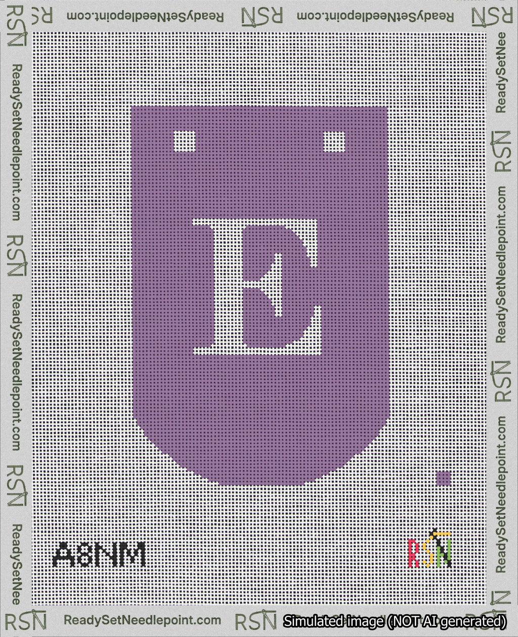 A taped needlepoint canvas with the design: Banner 18 mesh count Curved E White on Purple.