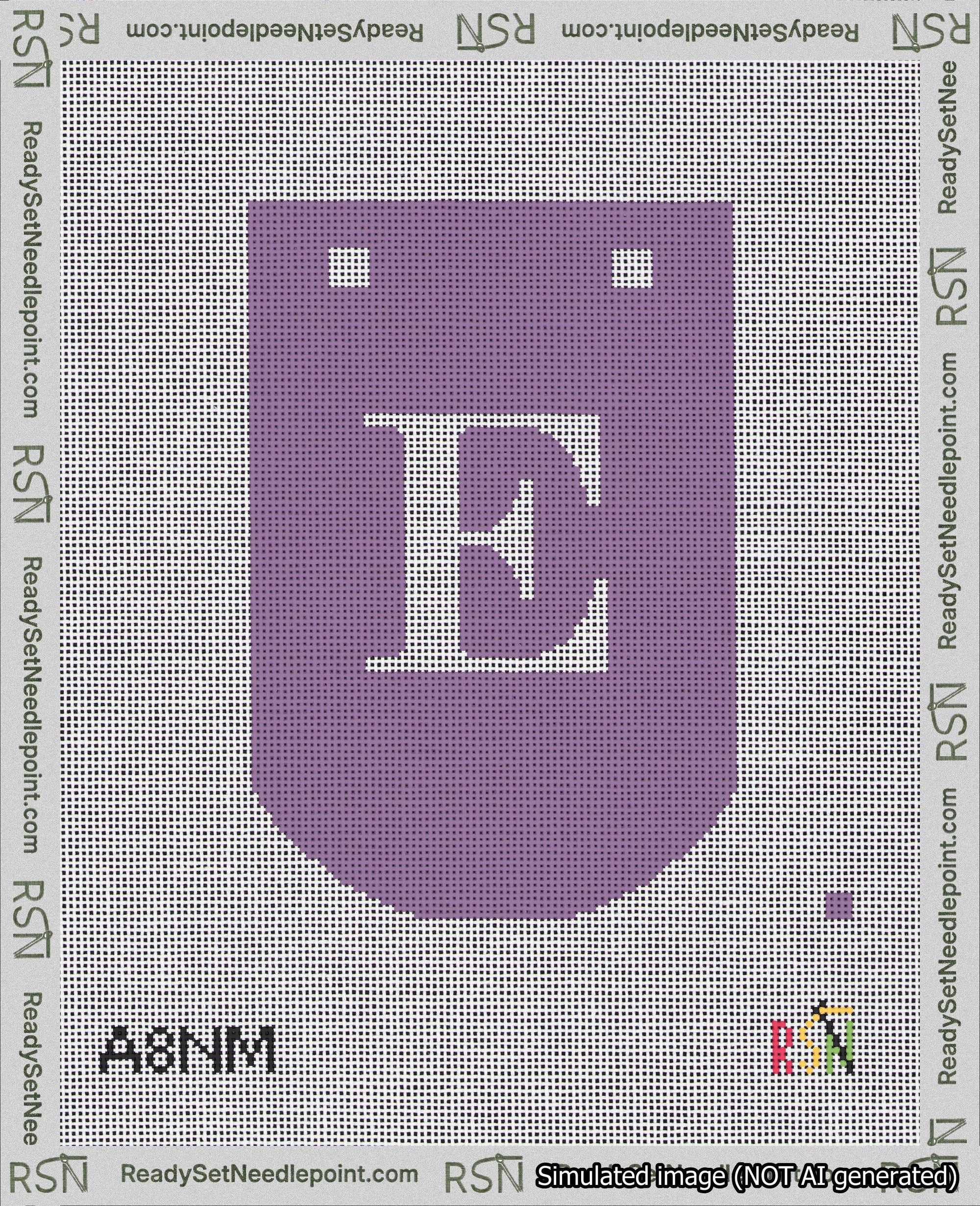 A taped needlepoint canvas with the design: Banner 18 mesh count Curved E White on Purple.