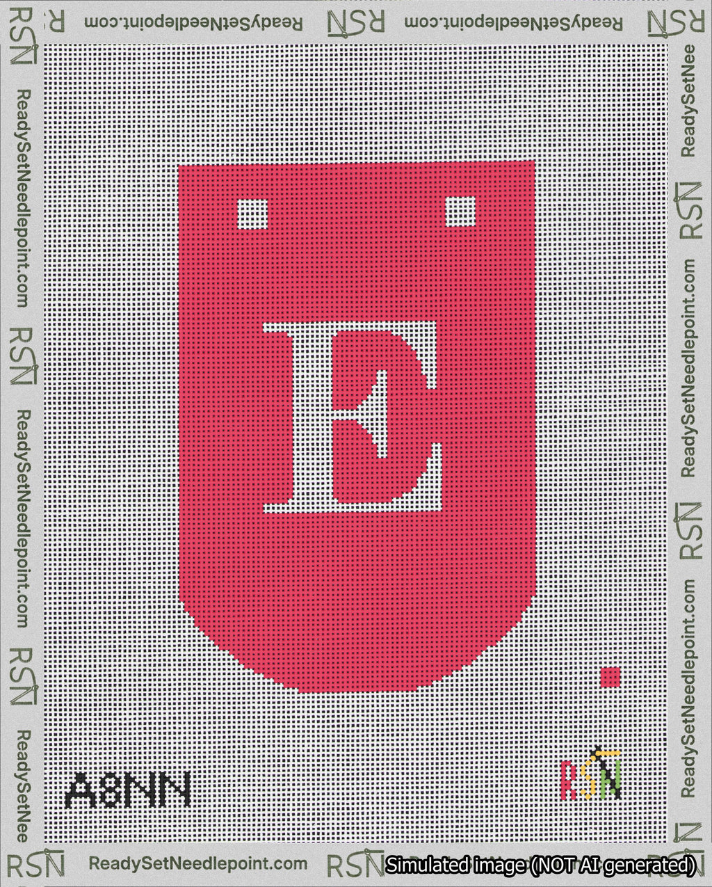 A taped needlepoint canvas with the design: Banner 18 mesh count Curved E White on Red.
