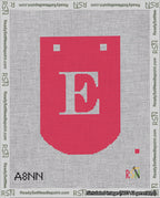 A taped needlepoint canvas with the design: Banner 18 mesh count Curved E White on Red.