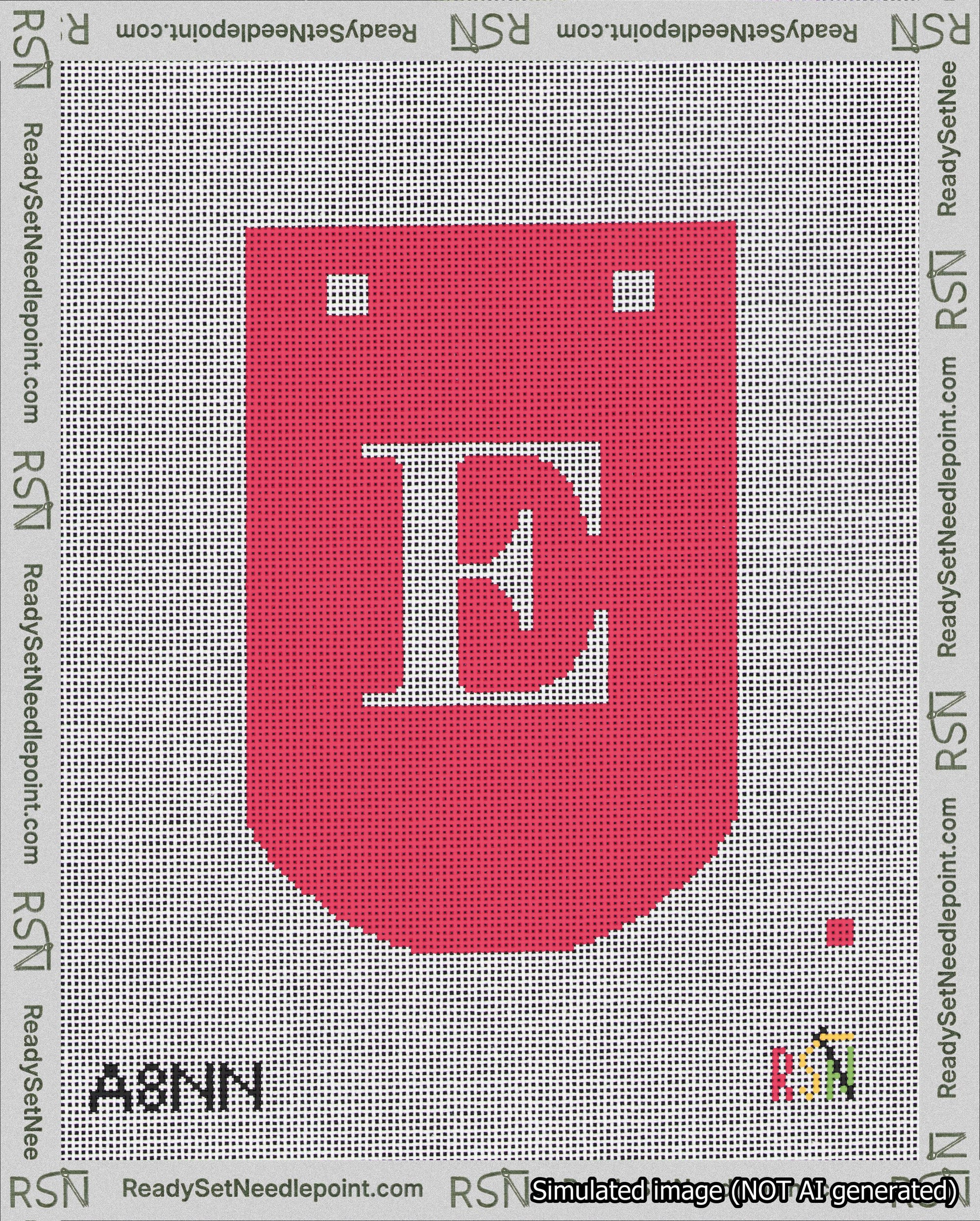 A taped needlepoint canvas with the design: Banner 18 mesh count Curved E White on Red.