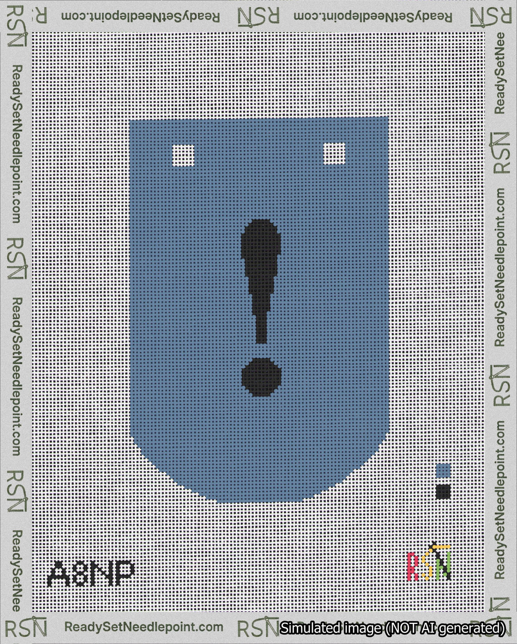A taped needlepoint canvas with the design: Banner 18 mesh count Curved Exclamation Black on Blue.