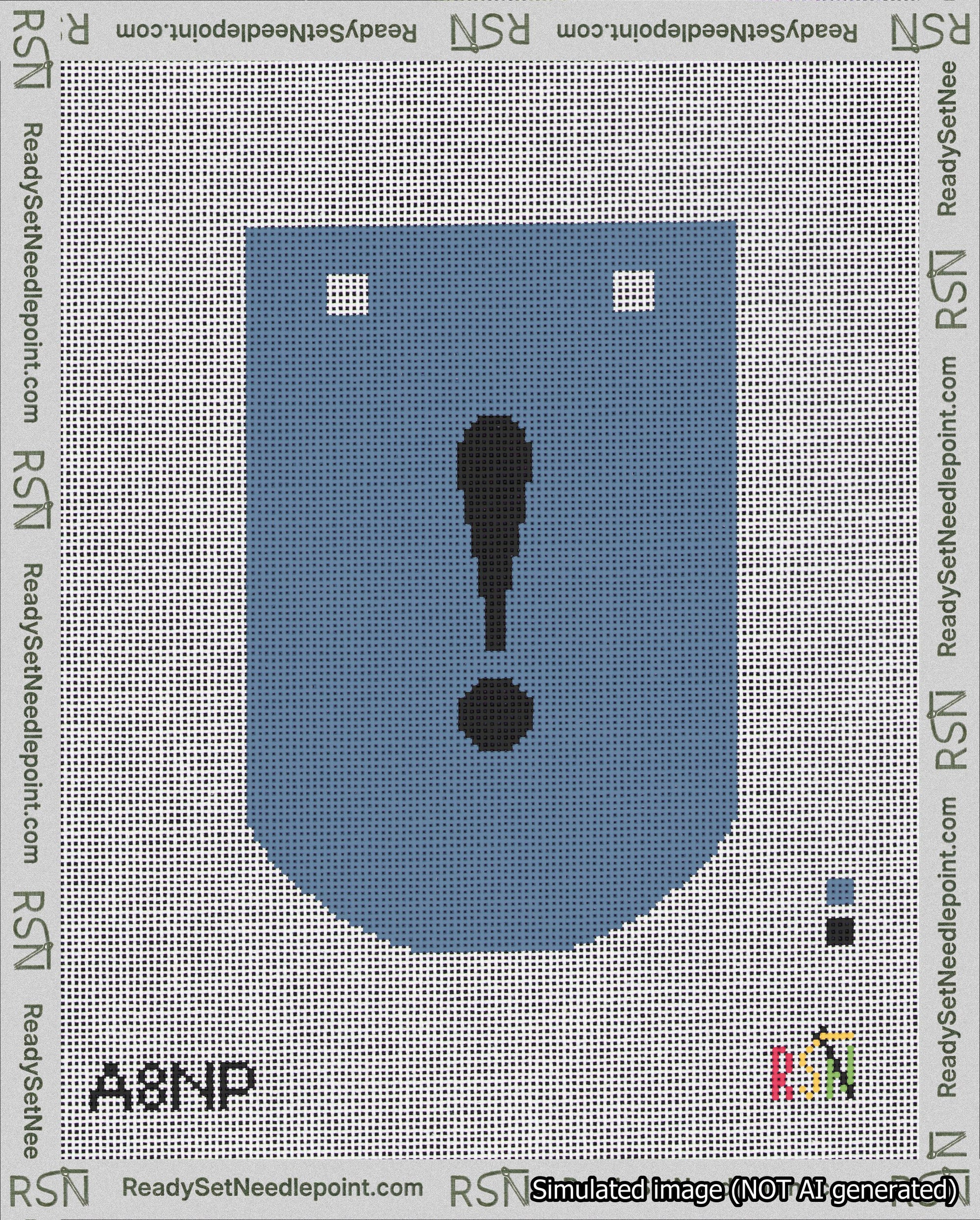 A taped needlepoint canvas with the design: Banner 18 mesh count Curved Exclamation Black on Blue.