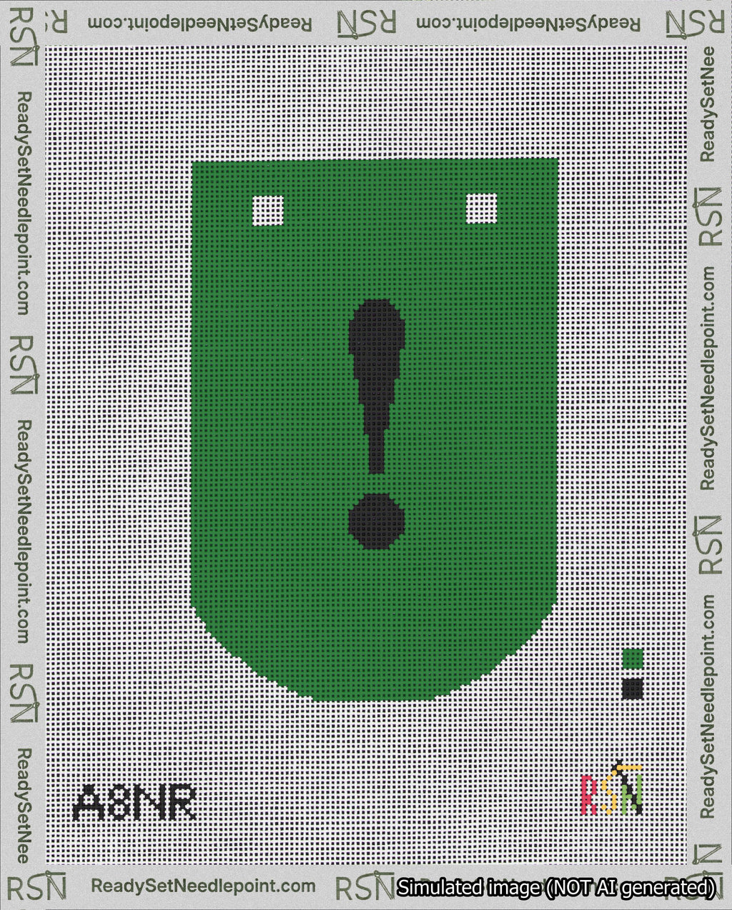 A taped needlepoint canvas with the design: Banner 18 mesh count Curved Exclamation Black on Green.