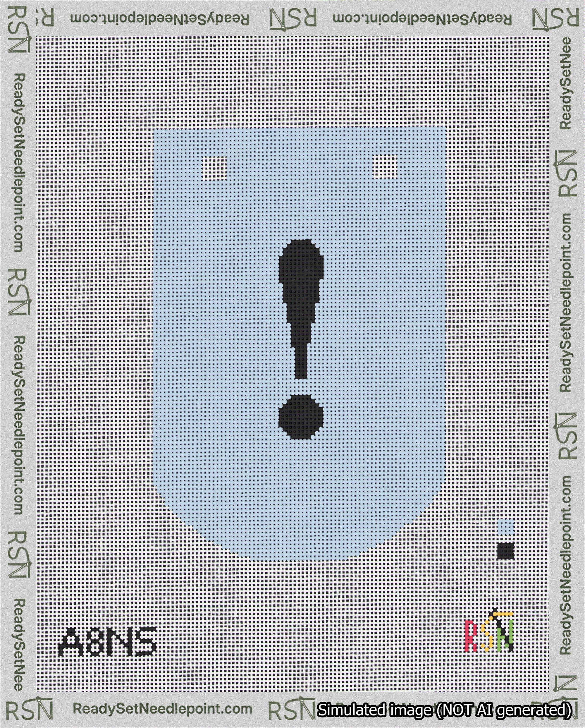 A taped needlepoint canvas with the design: Banner 18 mesh count Curved Exclamation Black on Light Blue.