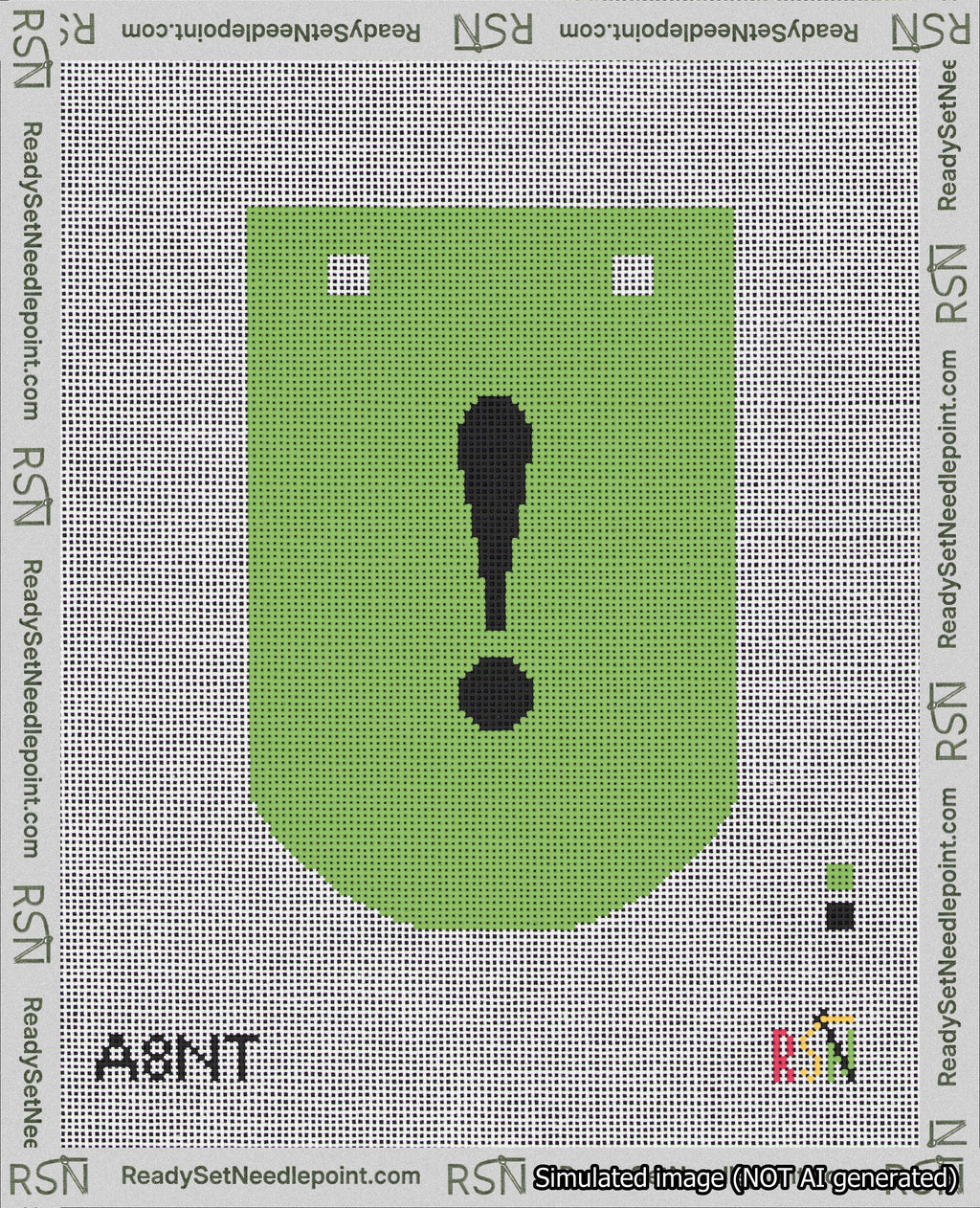 A taped needlepoint canvas with the design: Banner 18 mesh count Curved Exclamation Black on Light Green.