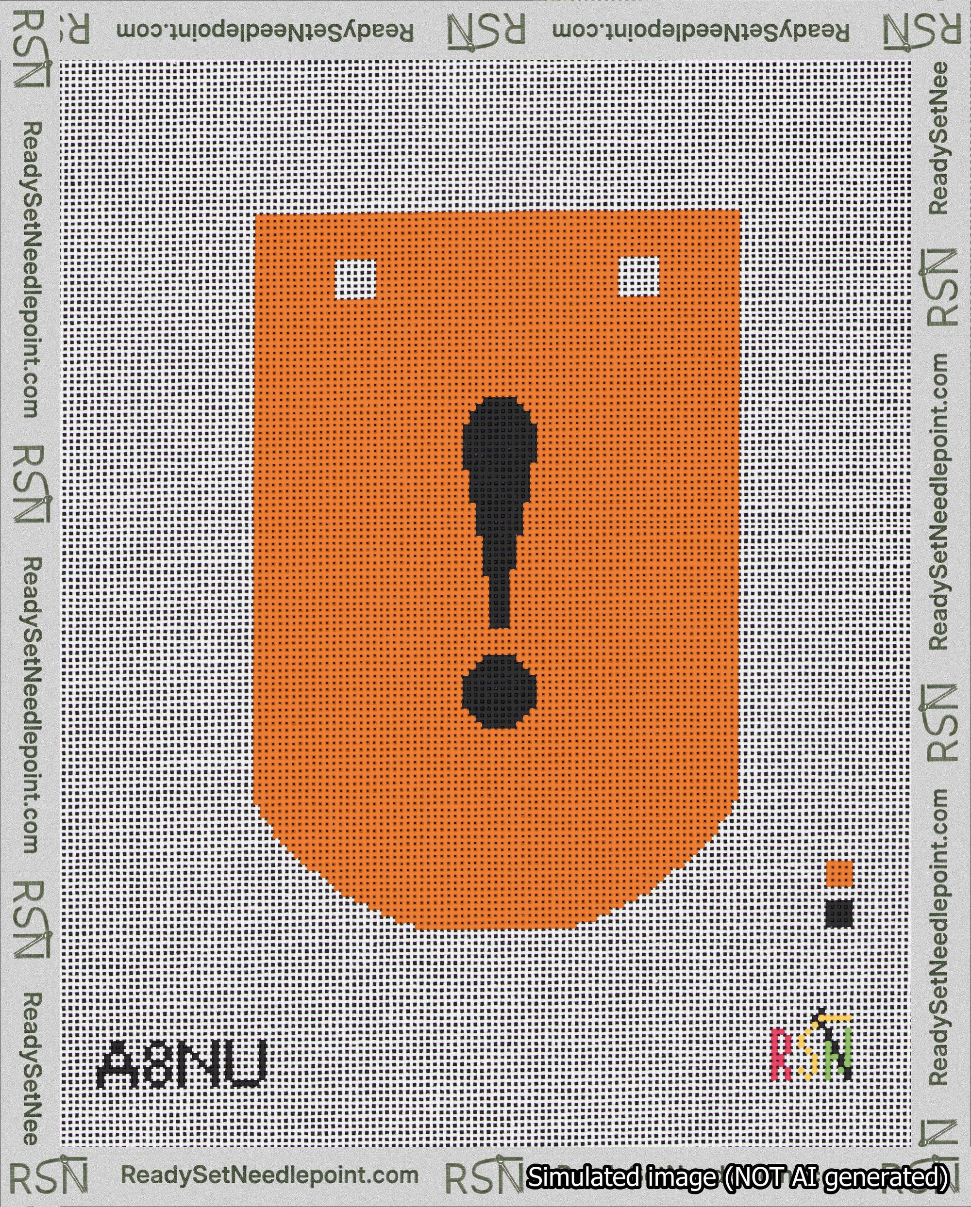 A taped needlepoint canvas with the design: Banner 18 mesh count Curved Exclamation Black on Orange.