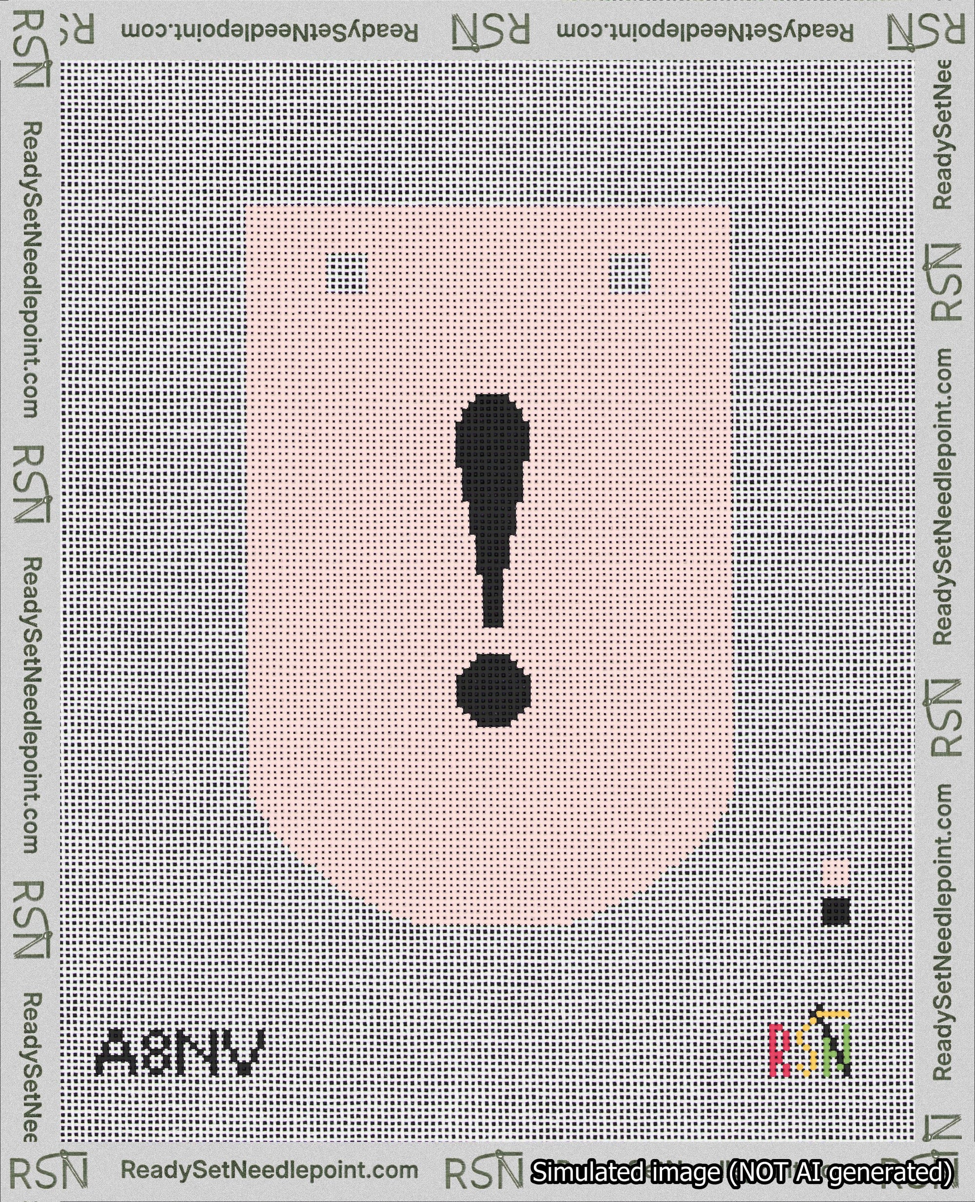 A taped needlepoint canvas with the design: Banner 18 mesh count Curved Exclamation Black on Pink.