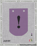 A taped needlepoint canvas with the design: Banner 18 mesh count Curved Exclamation Black on Purple.