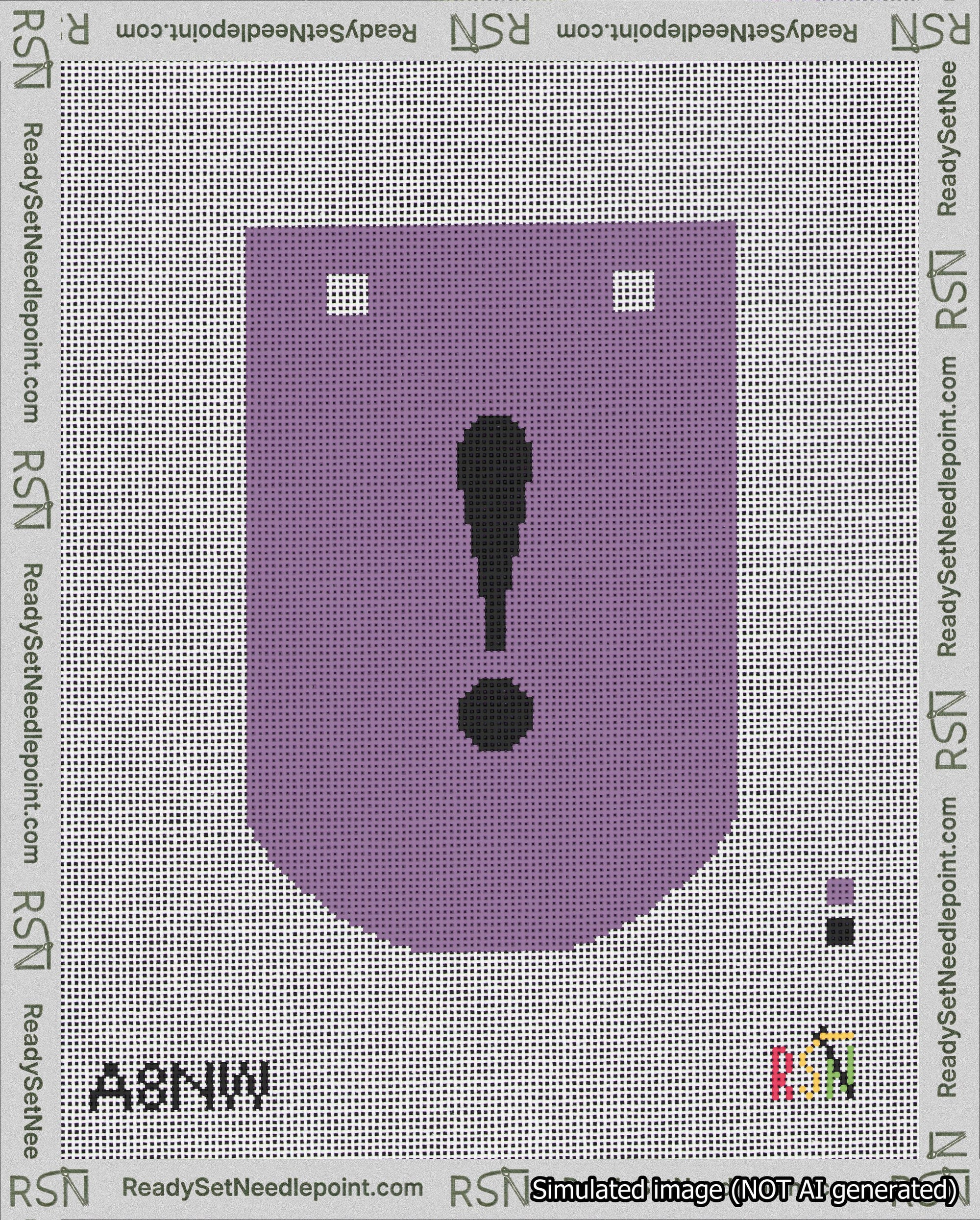 A taped needlepoint canvas with the design: Banner 18 mesh count Curved Exclamation Black on Purple.