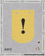 A taped needlepoint canvas with the design: Banner 18 mesh count Curved Exclamation Black on Yellow.