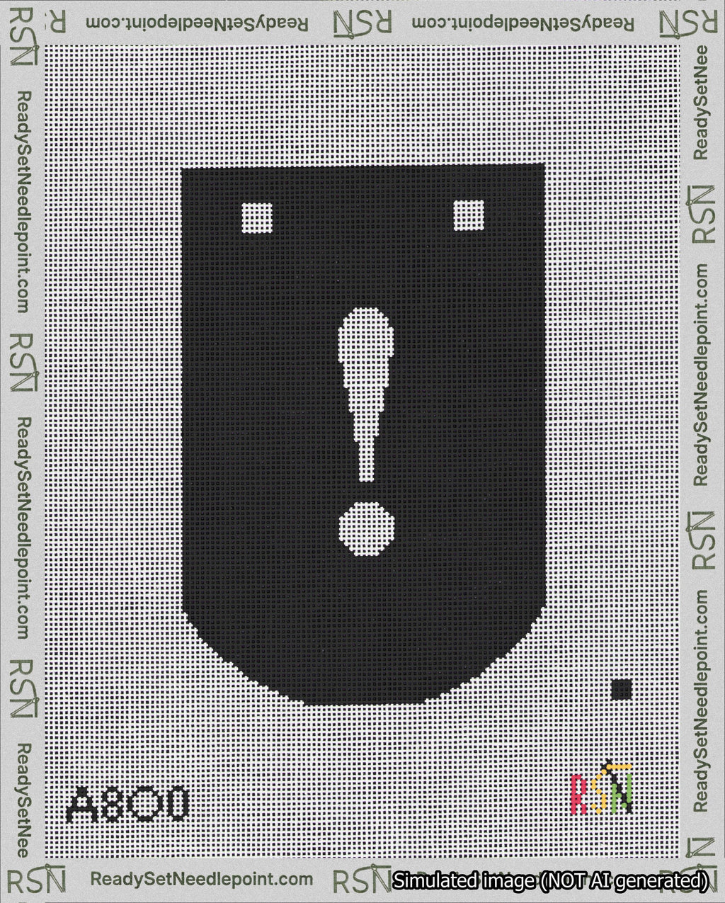 A taped needlepoint canvas with the design: Banner 18 mesh count Curved Exclamation White on Black.