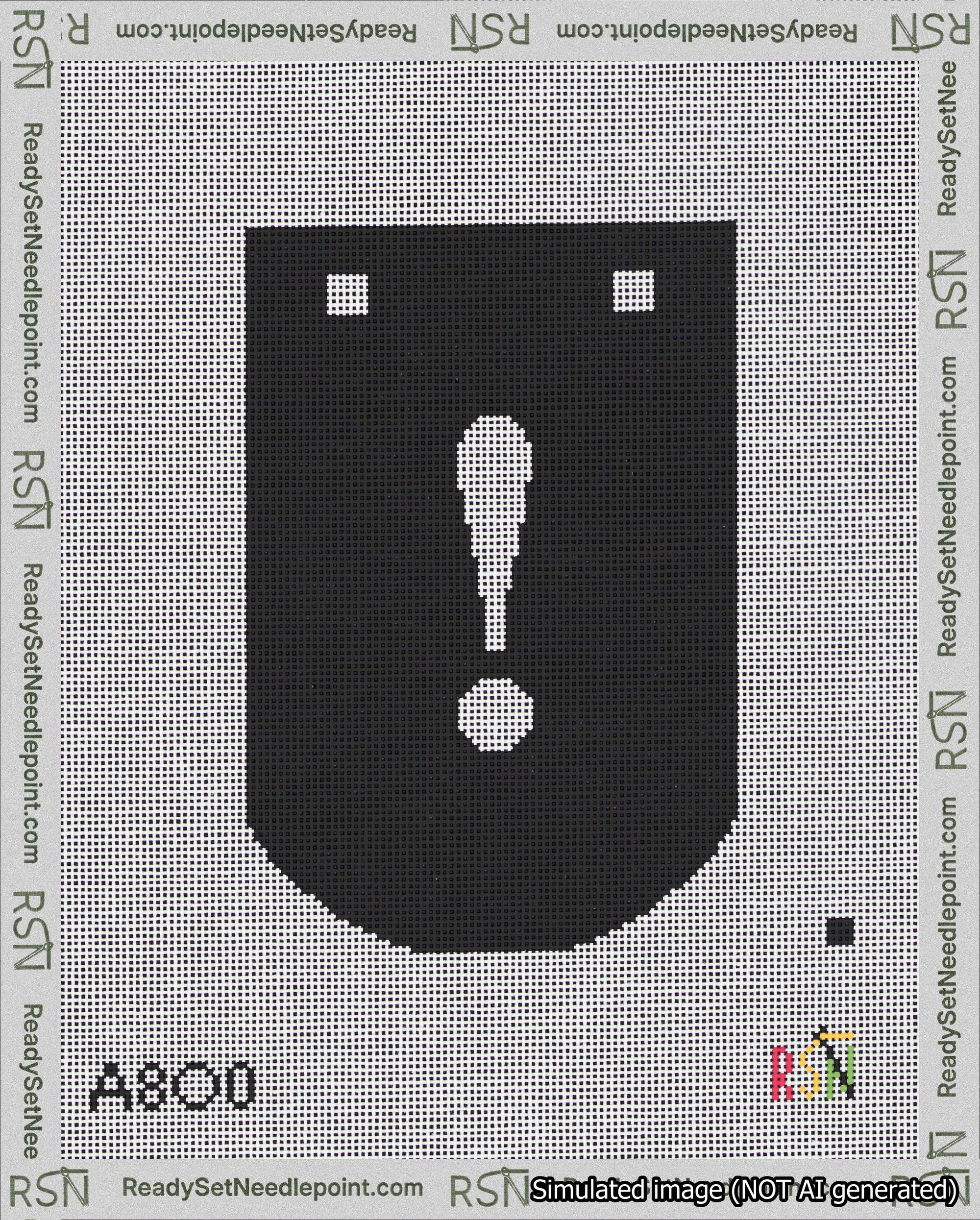 A taped needlepoint canvas with the design: Banner 18 mesh count Curved Exclamation White on Black.