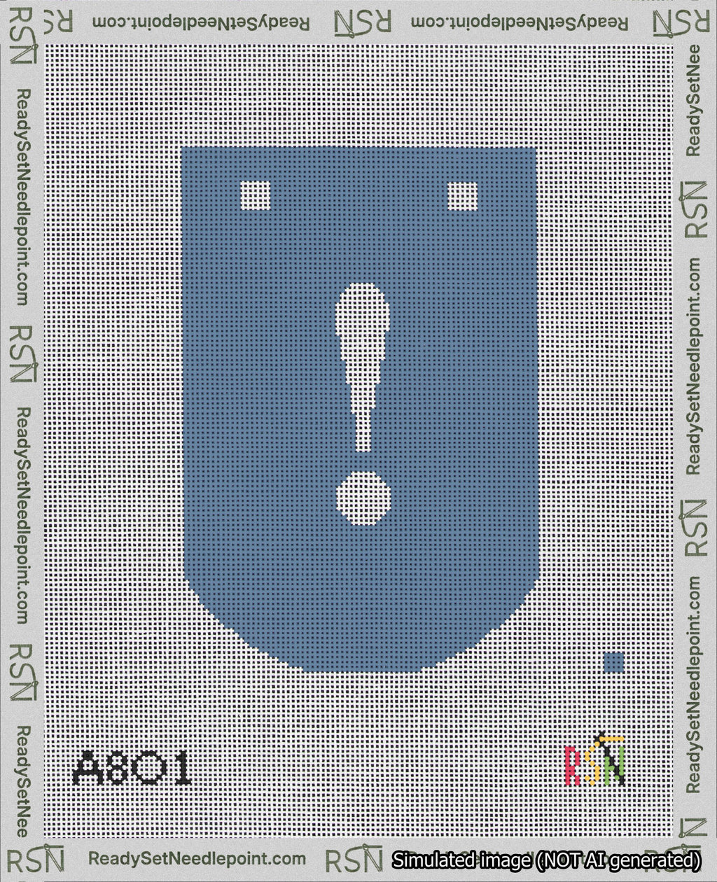 A taped needlepoint canvas with the design: Banner 18 mesh count Curved Exclamation White on Blue.