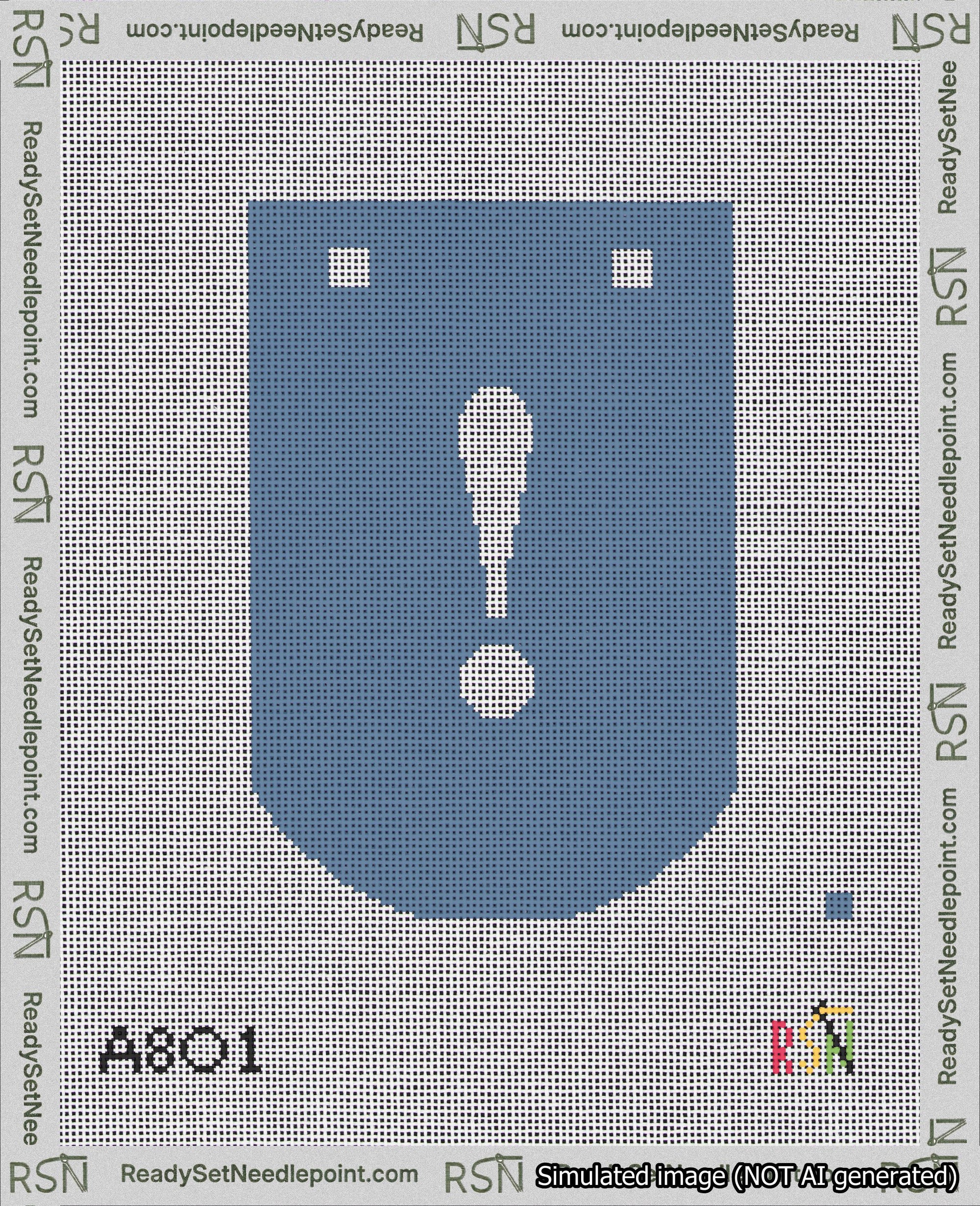 A taped needlepoint canvas with the design: Banner 18 mesh count Curved Exclamation White on Blue.