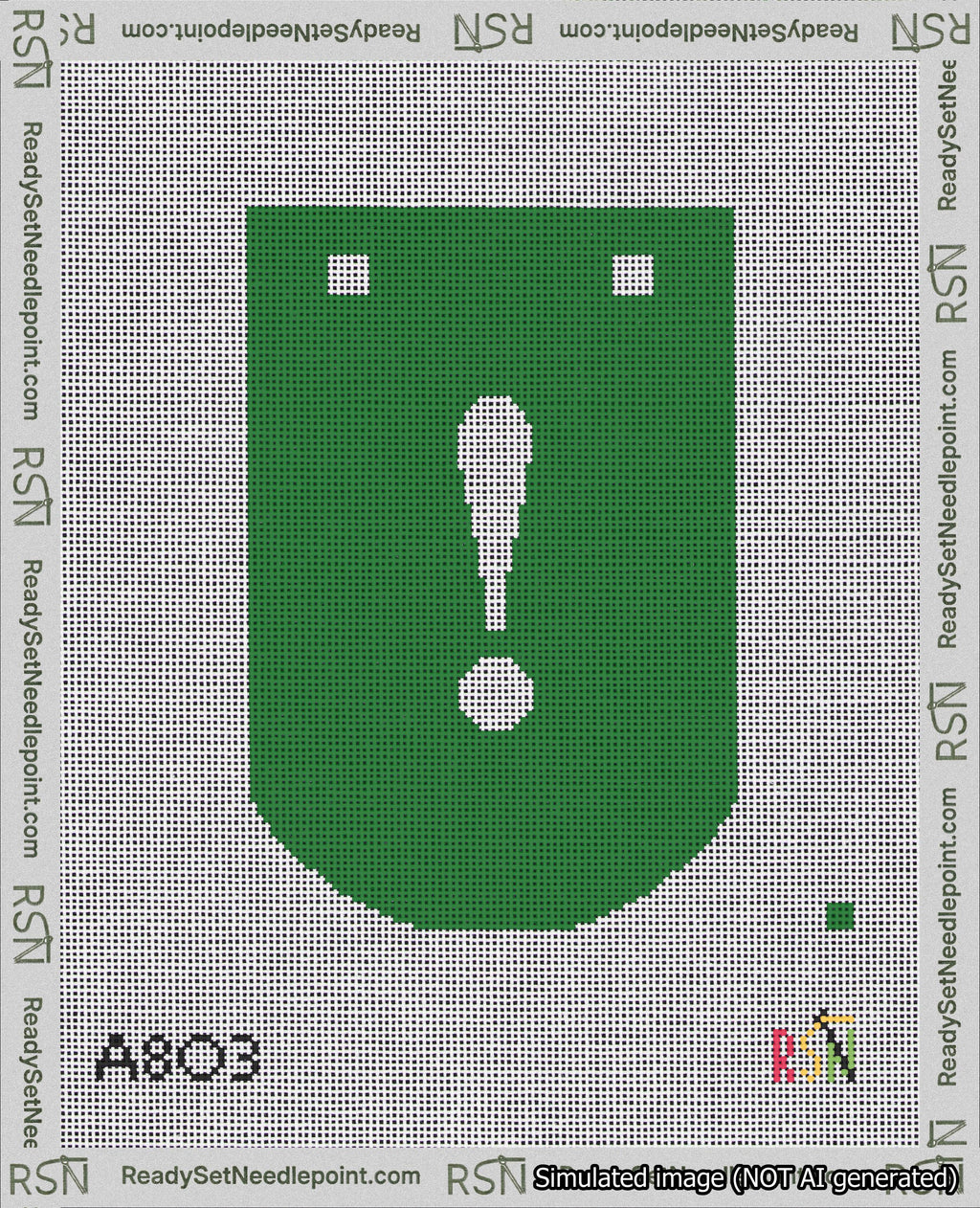 A taped needlepoint canvas with the design: Banner 18 mesh count Curved Exclamation White on Green.