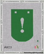 A taped needlepoint canvas with the design: Banner 18 mesh count Curved Exclamation White on Green.