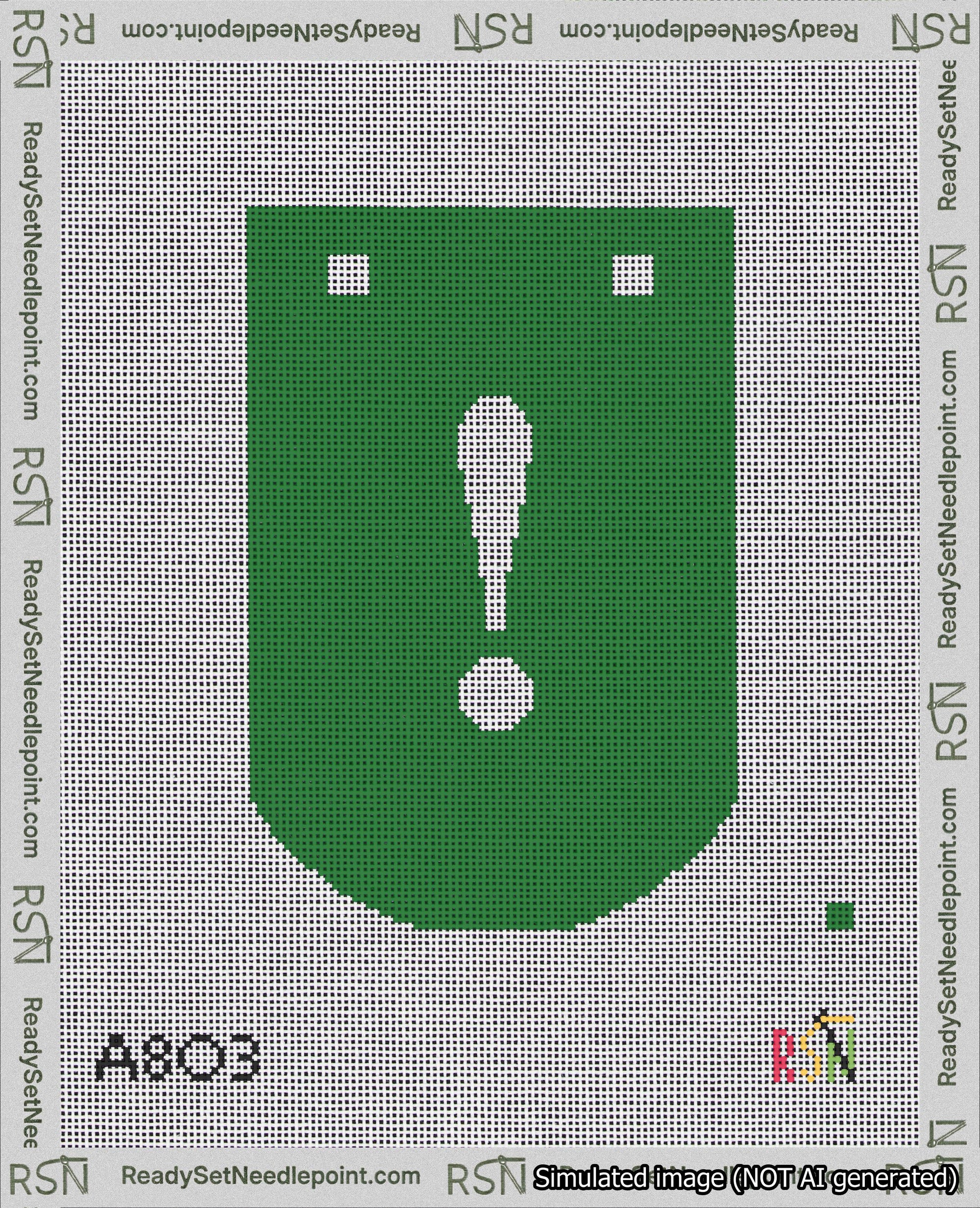 A taped needlepoint canvas with the design: Banner 18 mesh count Curved Exclamation White on Green.
