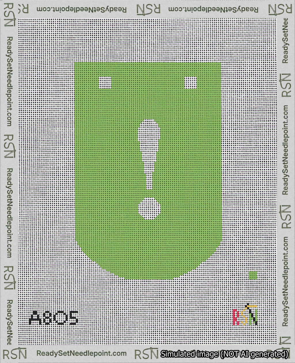 A taped needlepoint canvas with the design: Banner 18 mesh count Curved Exclamation White on Light Green.