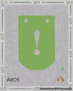 A taped needlepoint canvas with the design: Banner 18 mesh count Curved Exclamation White on Light Green.