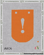 A taped needlepoint canvas with the design: Banner 18 mesh count Curved Exclamation White on Orange.