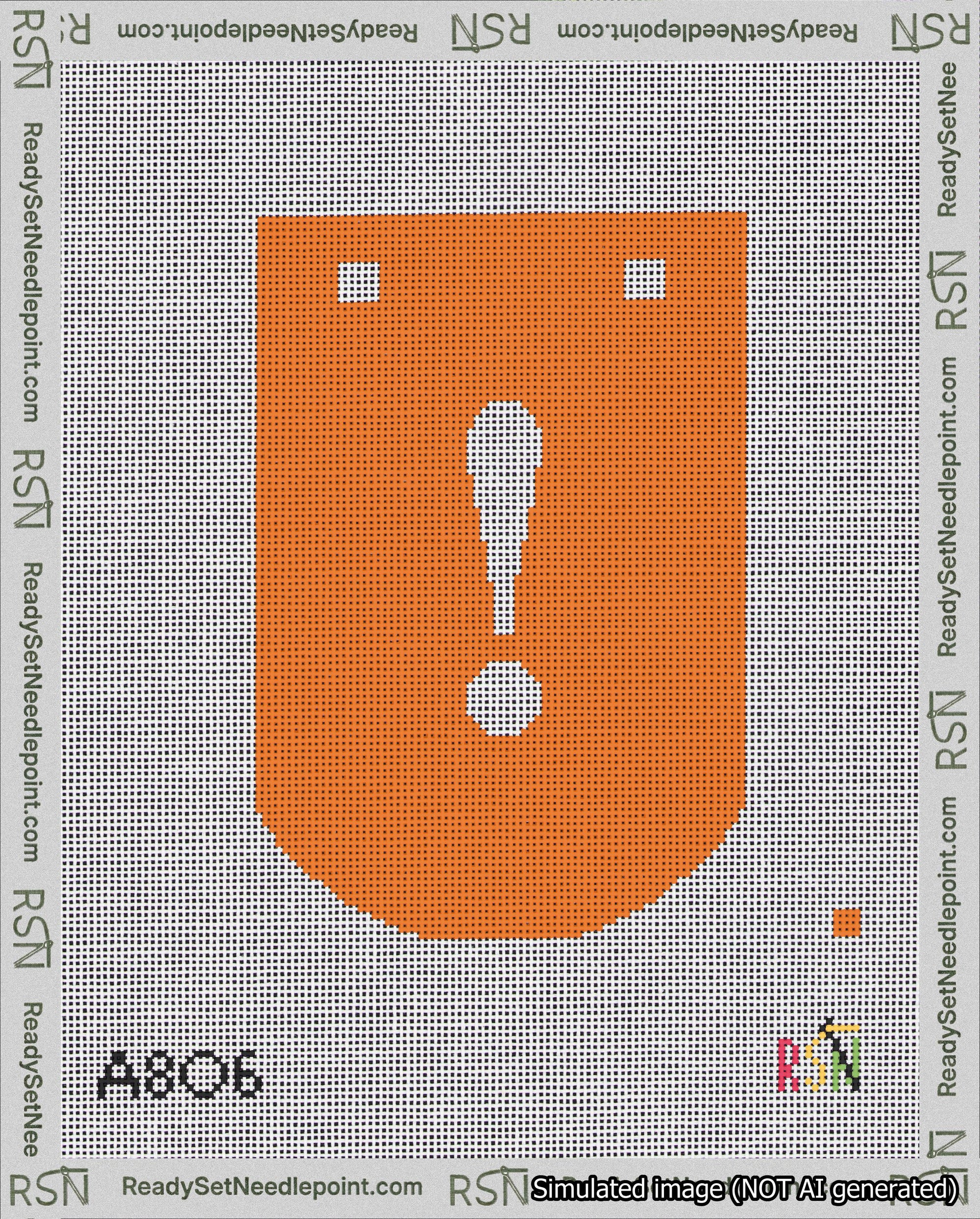 A taped needlepoint canvas with the design: Banner 18 mesh count Curved Exclamation White on Orange.