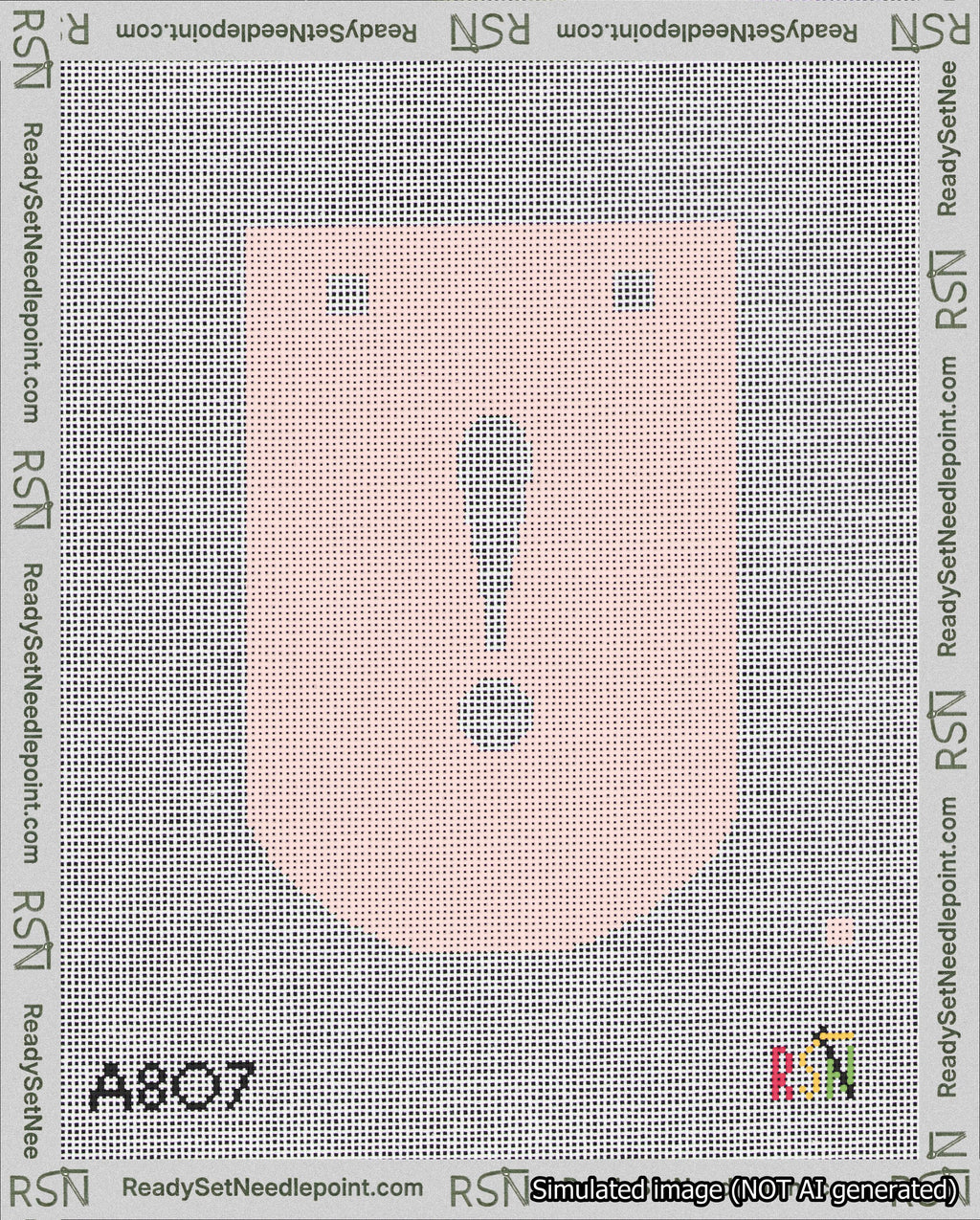 A taped needlepoint canvas with the design: Banner 18 mesh count Curved Exclamation White on Pink.