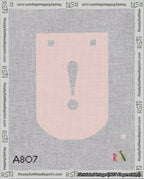 A taped needlepoint canvas with the design: Banner 18 mesh count Curved Exclamation White on Pink.