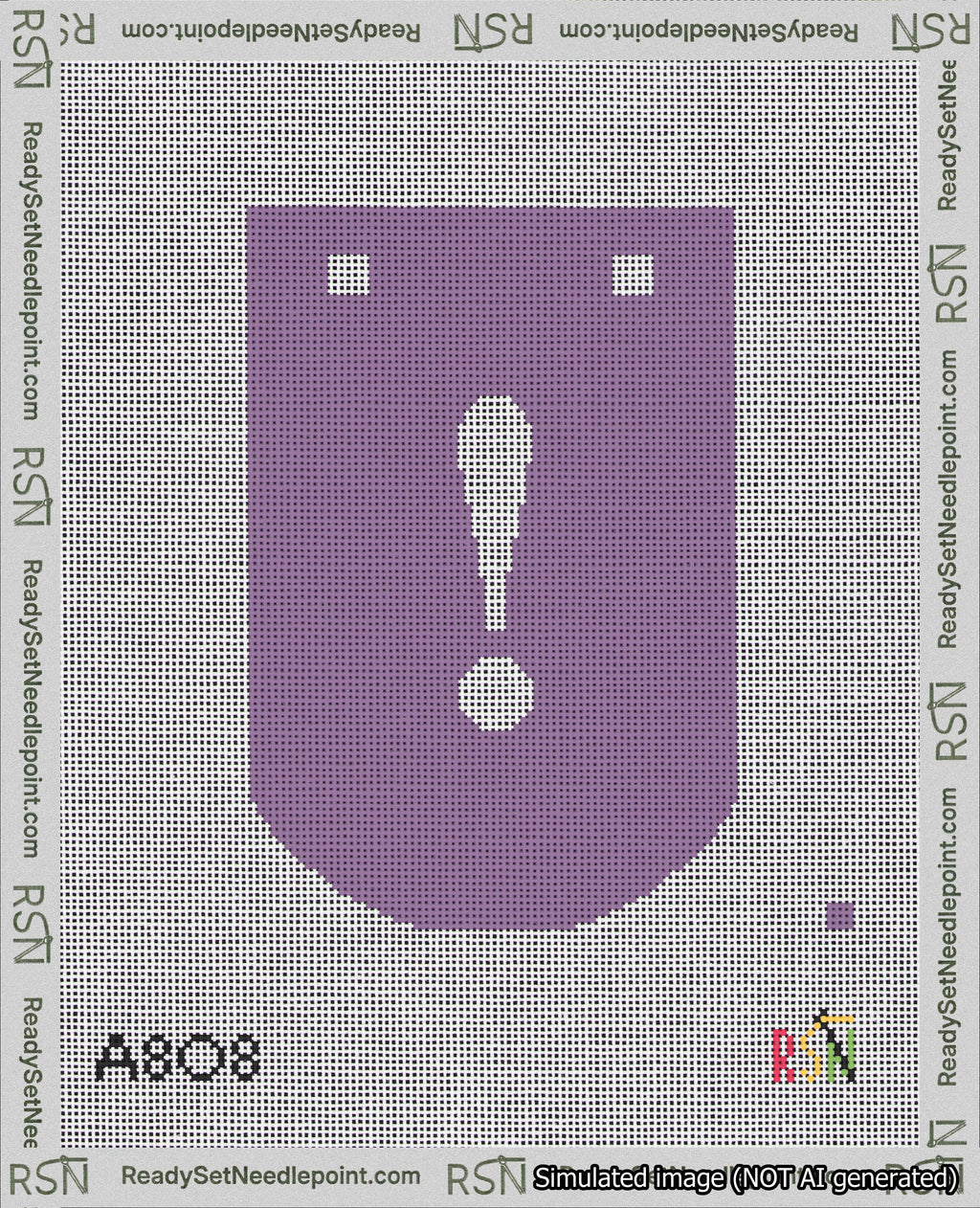 A taped needlepoint canvas with the design: Banner 18 mesh count Curved Exclamation White on Purple.