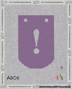 A taped needlepoint canvas with the design: Banner 18 mesh count Curved Exclamation White on Purple.
