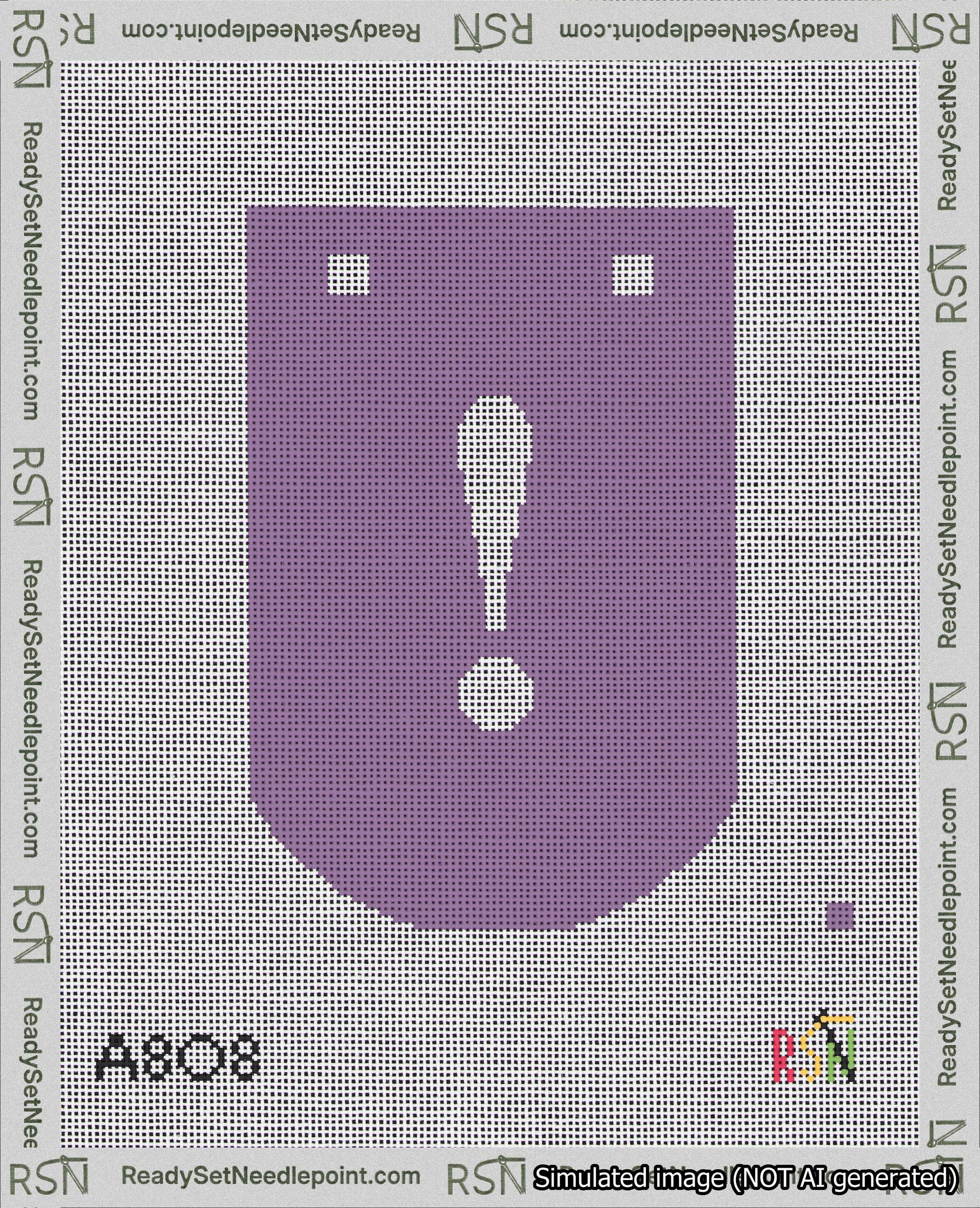 A taped needlepoint canvas with the design: Banner 18 mesh count Curved Exclamation White on Purple.