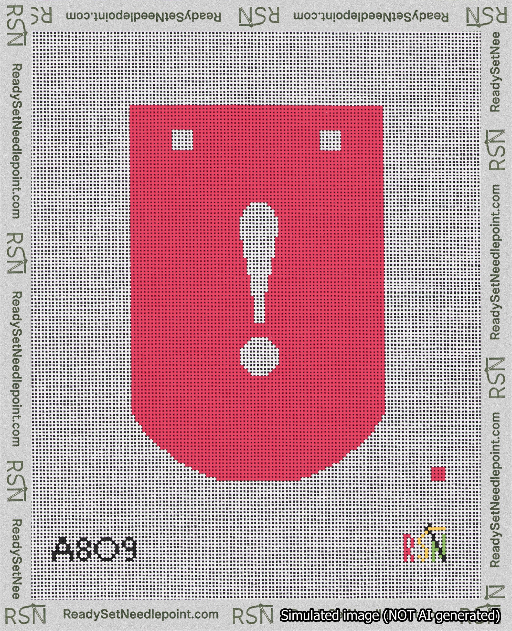 A taped needlepoint canvas with the design: Banner 18 mesh count Curved Exclamation White on Red.