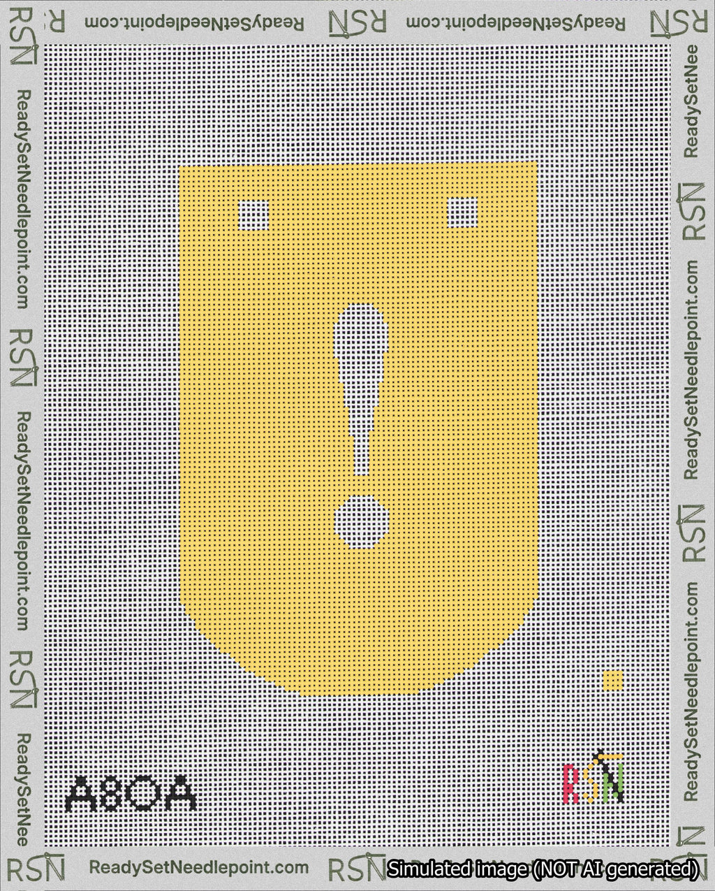 A taped needlepoint canvas with the design: Banner 18 mesh count Curved Exclamation White on Yellow.