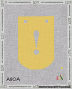 A taped needlepoint canvas with the design: Banner 18 mesh count Curved Exclamation White on Yellow.