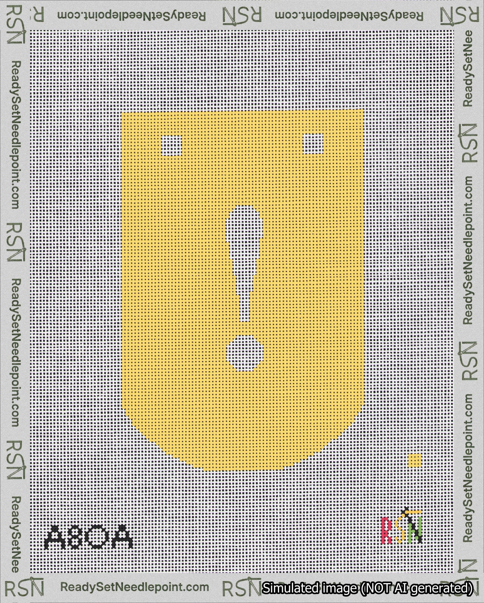 A taped needlepoint canvas with the design: Banner 18 mesh count Curved Exclamation White on Yellow.