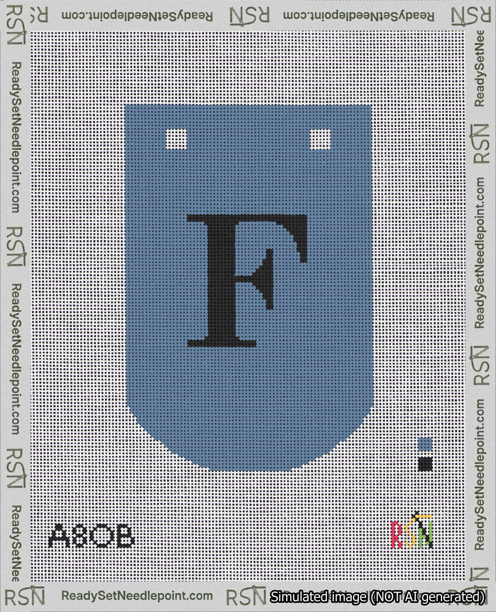 A taped needlepoint canvas with the design: Banner 18 mesh count Curved F Black on Blue.