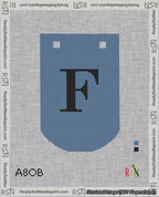 A taped needlepoint canvas with the design: Banner 18 mesh count Curved F Black on Blue.