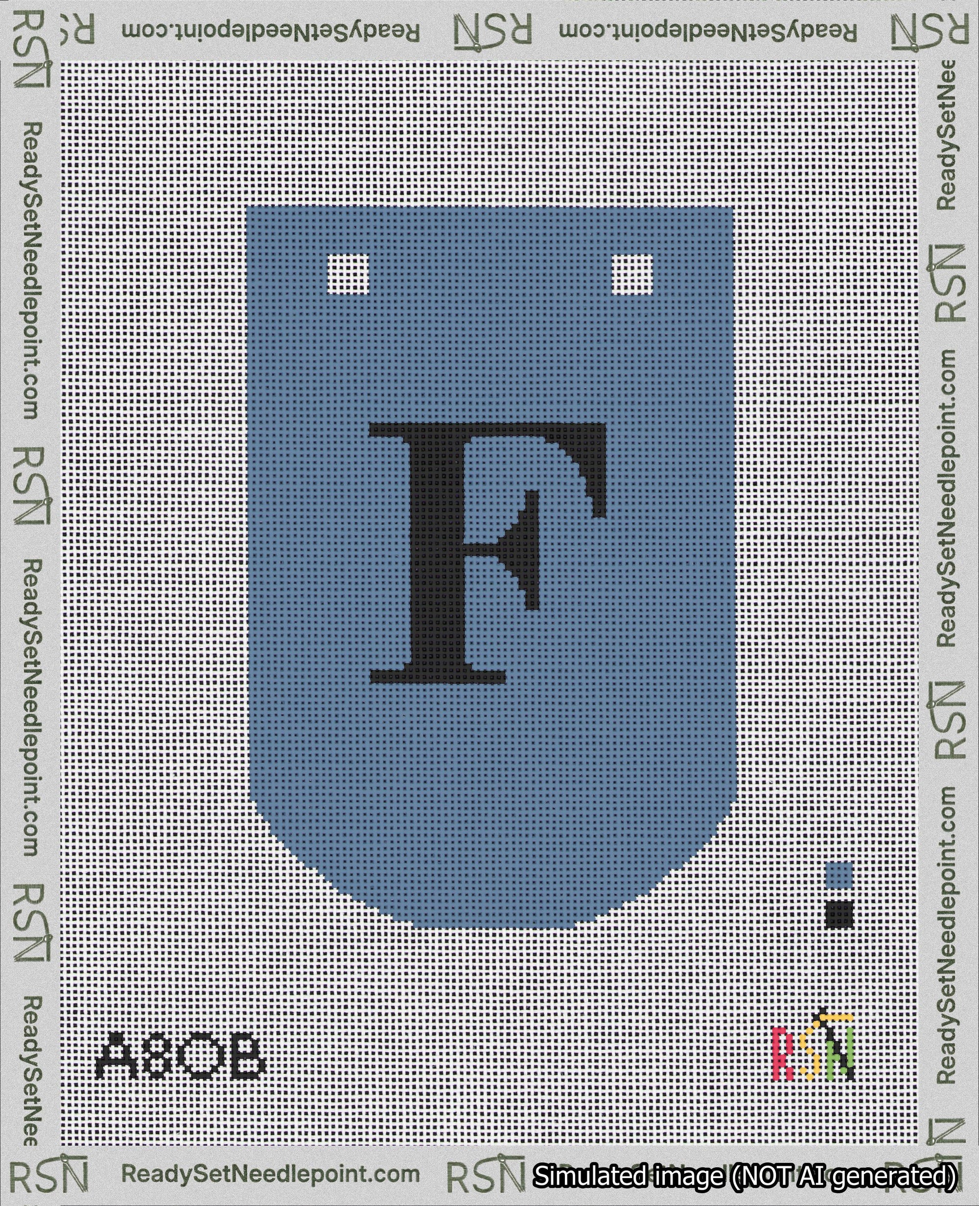 A taped needlepoint canvas with the design: Banner 18 mesh count Curved F Black on Blue.