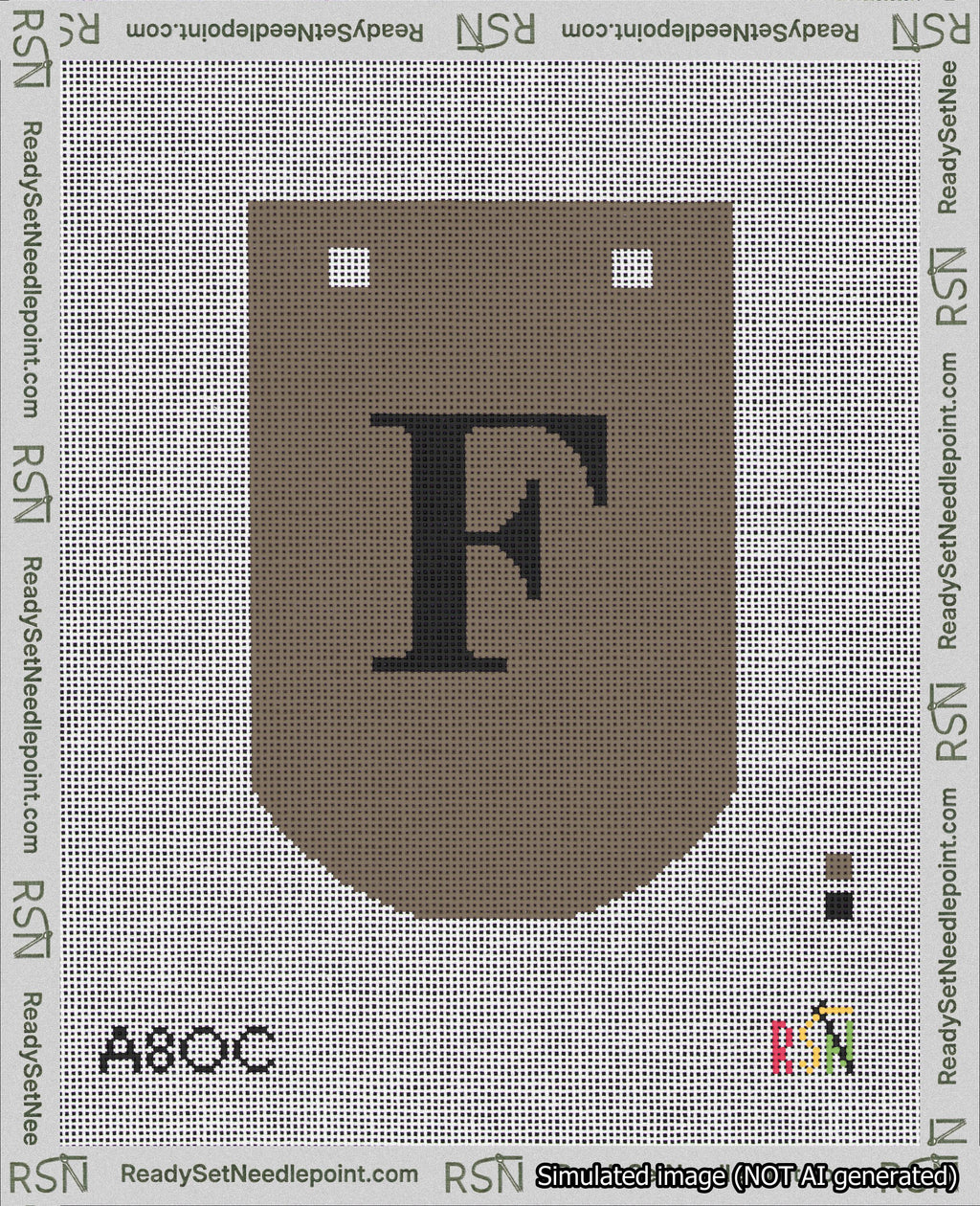 A taped needlepoint canvas with the design: Banner 18 mesh count Curved F Black on Brown.