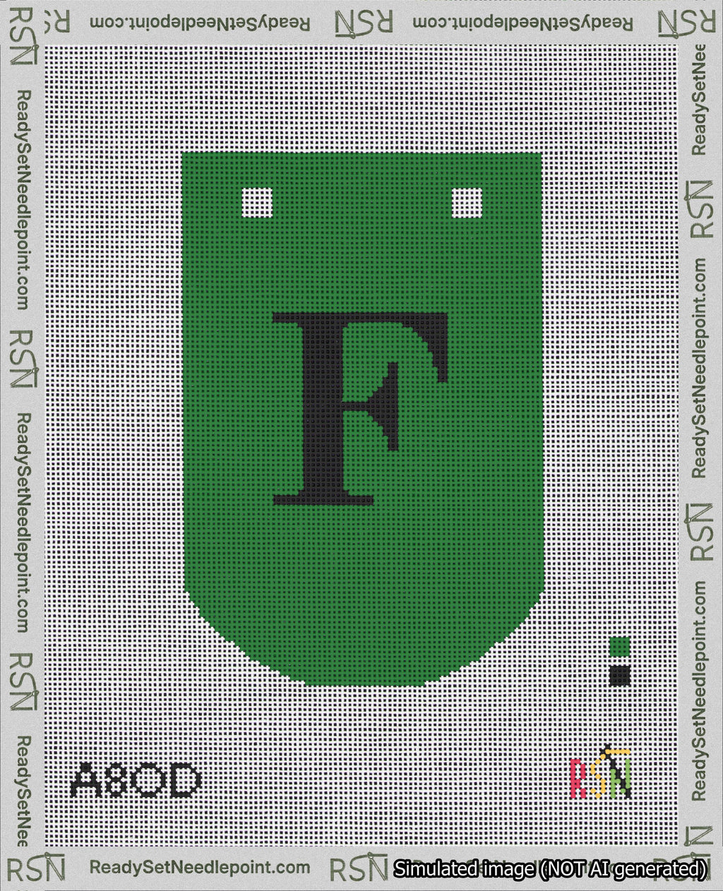 A taped needlepoint canvas with the design: Banner 18 mesh count Curved F Black on Green.