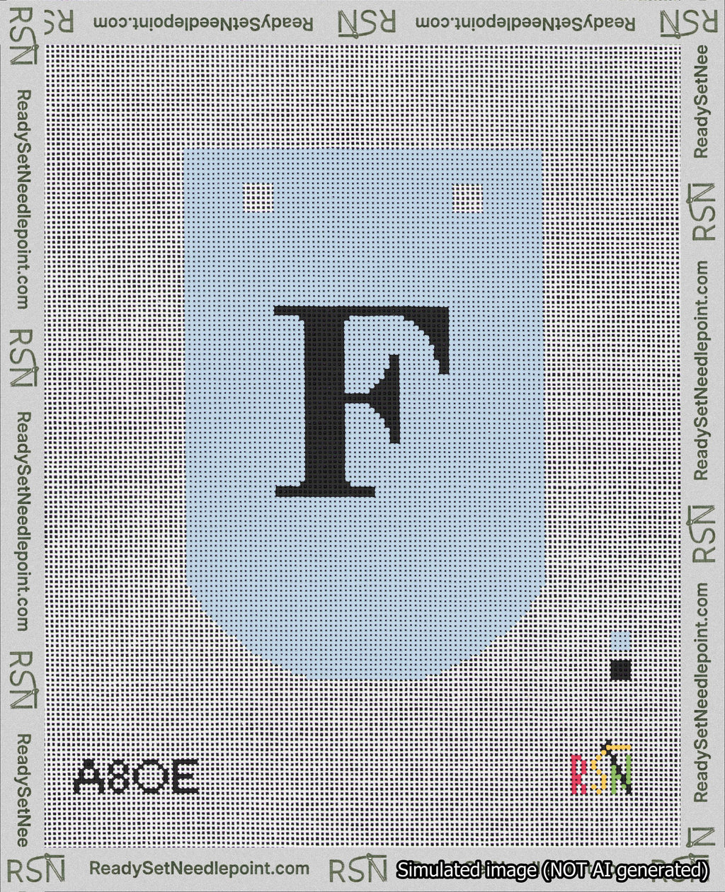 A taped needlepoint canvas with the design: Banner 18 mesh count Curved F Black on Light Blue.