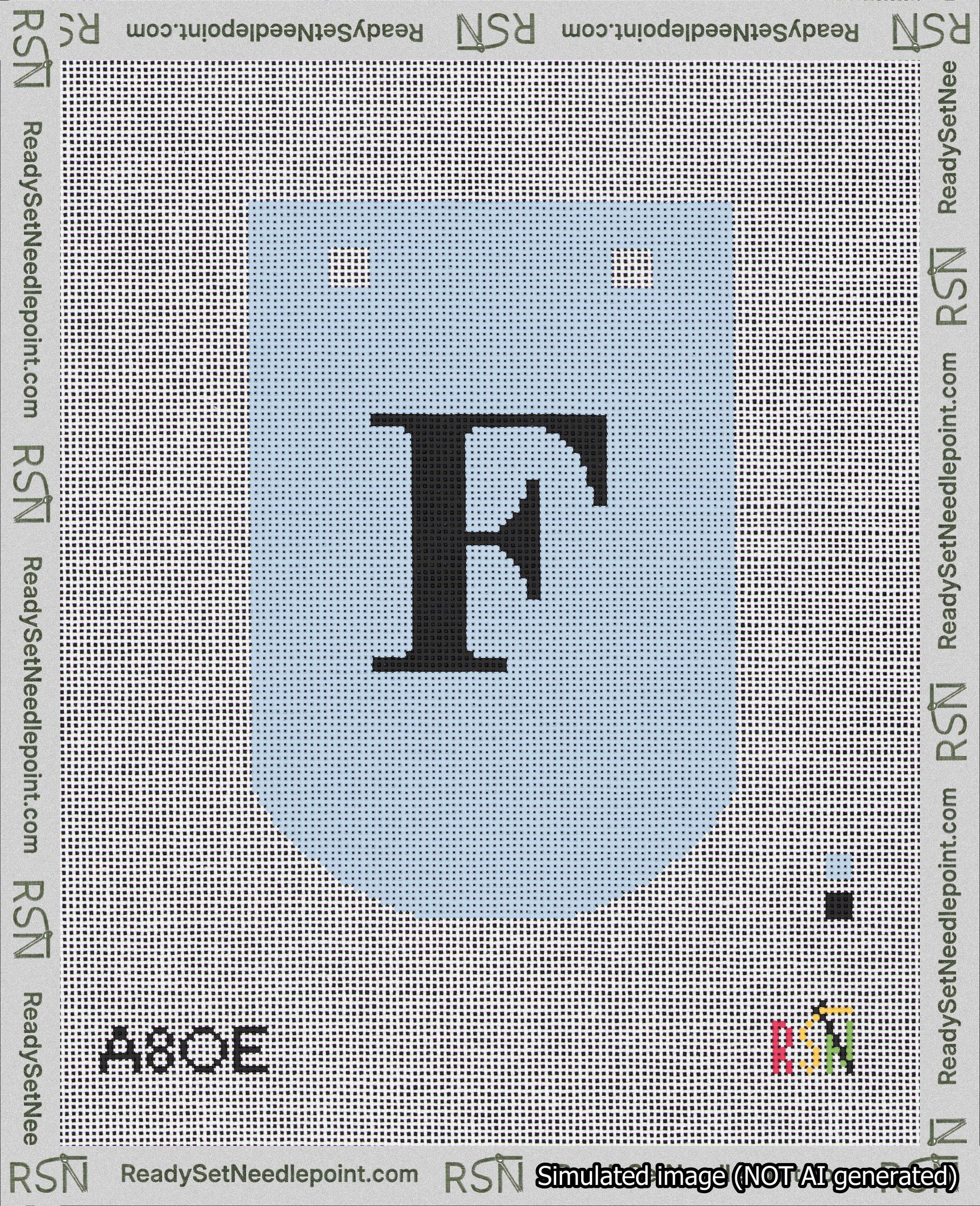 A taped needlepoint canvas with the design: Banner 18 mesh count Curved F Black on Light Blue.