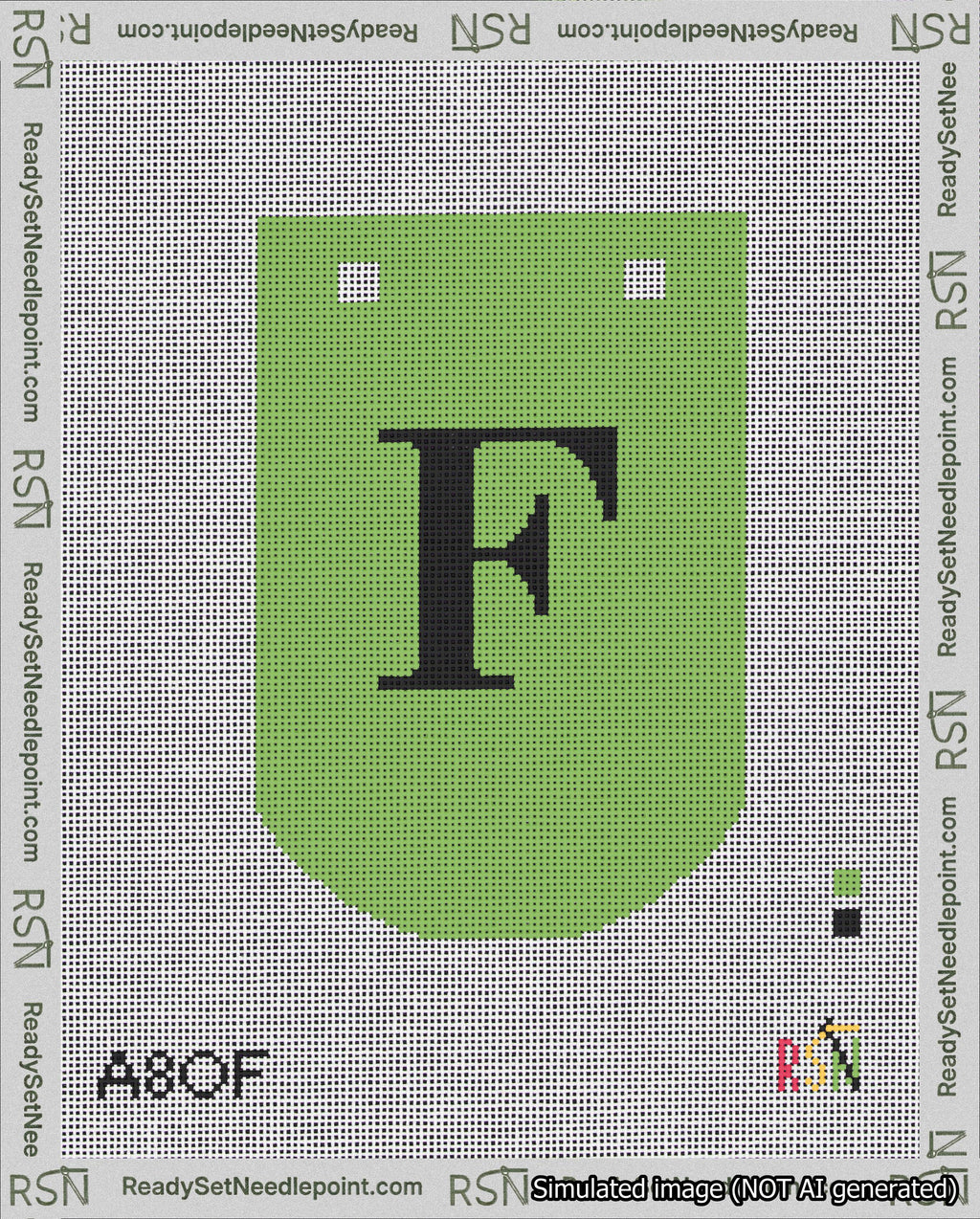 A taped needlepoint canvas with the design: Banner 18 mesh count Curved F Black on Light Green.