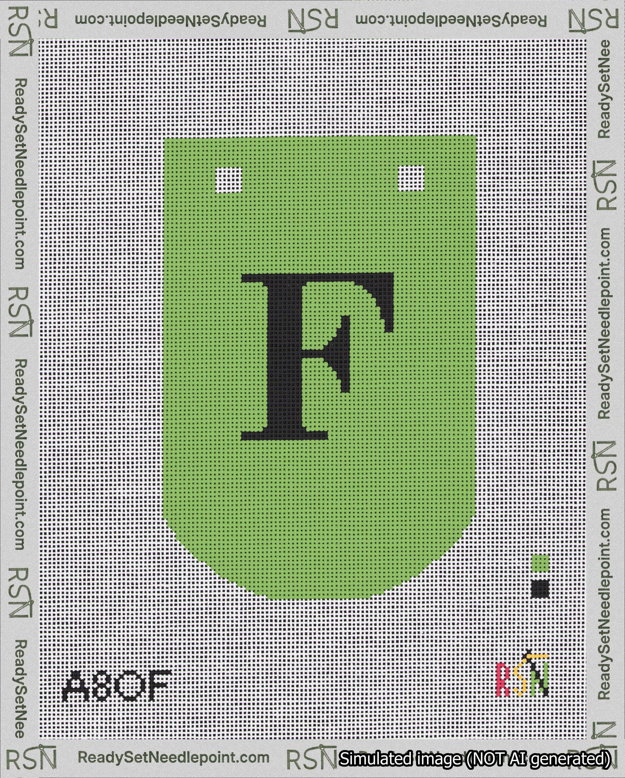 A taped needlepoint canvas with the design: Banner 18 mesh count Curved F Black on Light Green.