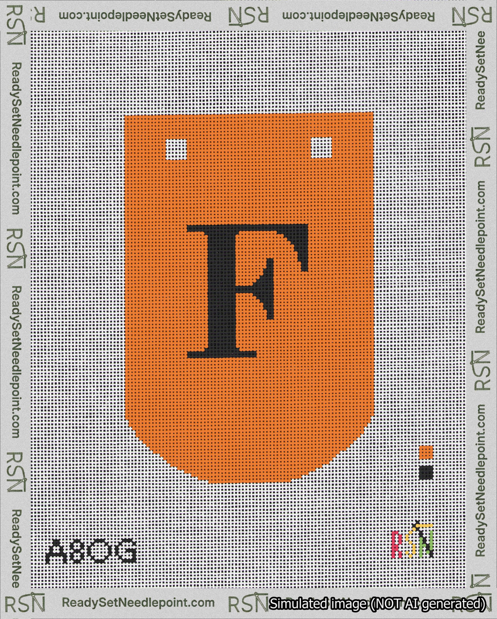 A taped needlepoint canvas with the design: Banner 18 mesh count Curved F Black on Orange.