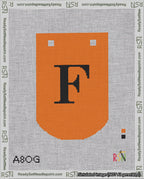 A taped needlepoint canvas with the design: Banner 18 mesh count Curved F Black on Orange.