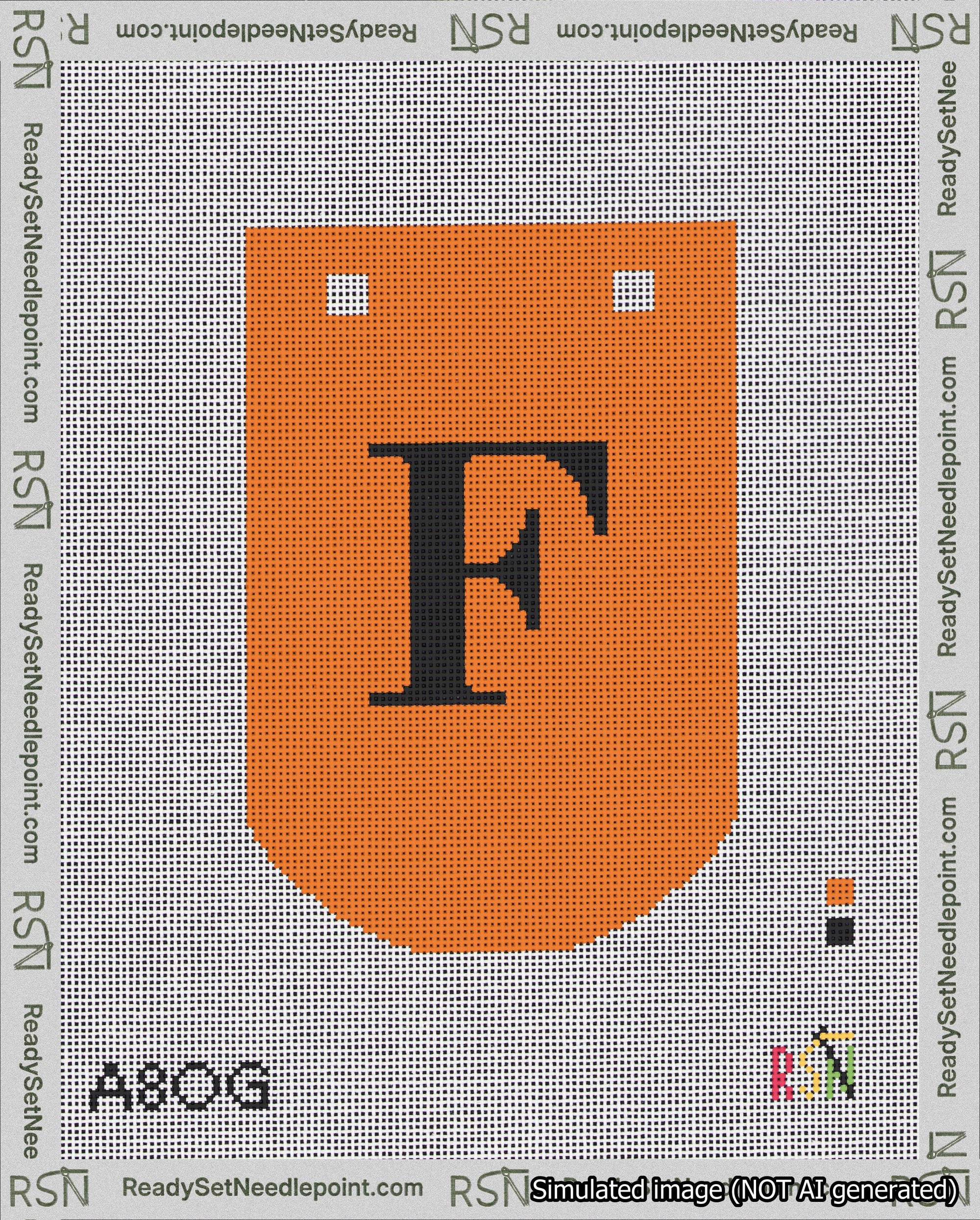 A taped needlepoint canvas with the design: Banner 18 mesh count Curved F Black on Orange.