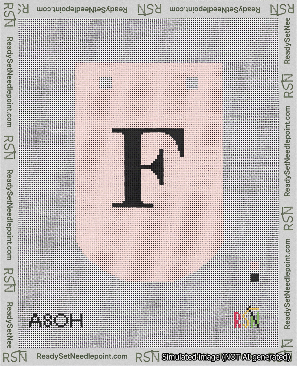 A taped needlepoint canvas with the design: Banner 18 mesh count Curved F Black on Pink.